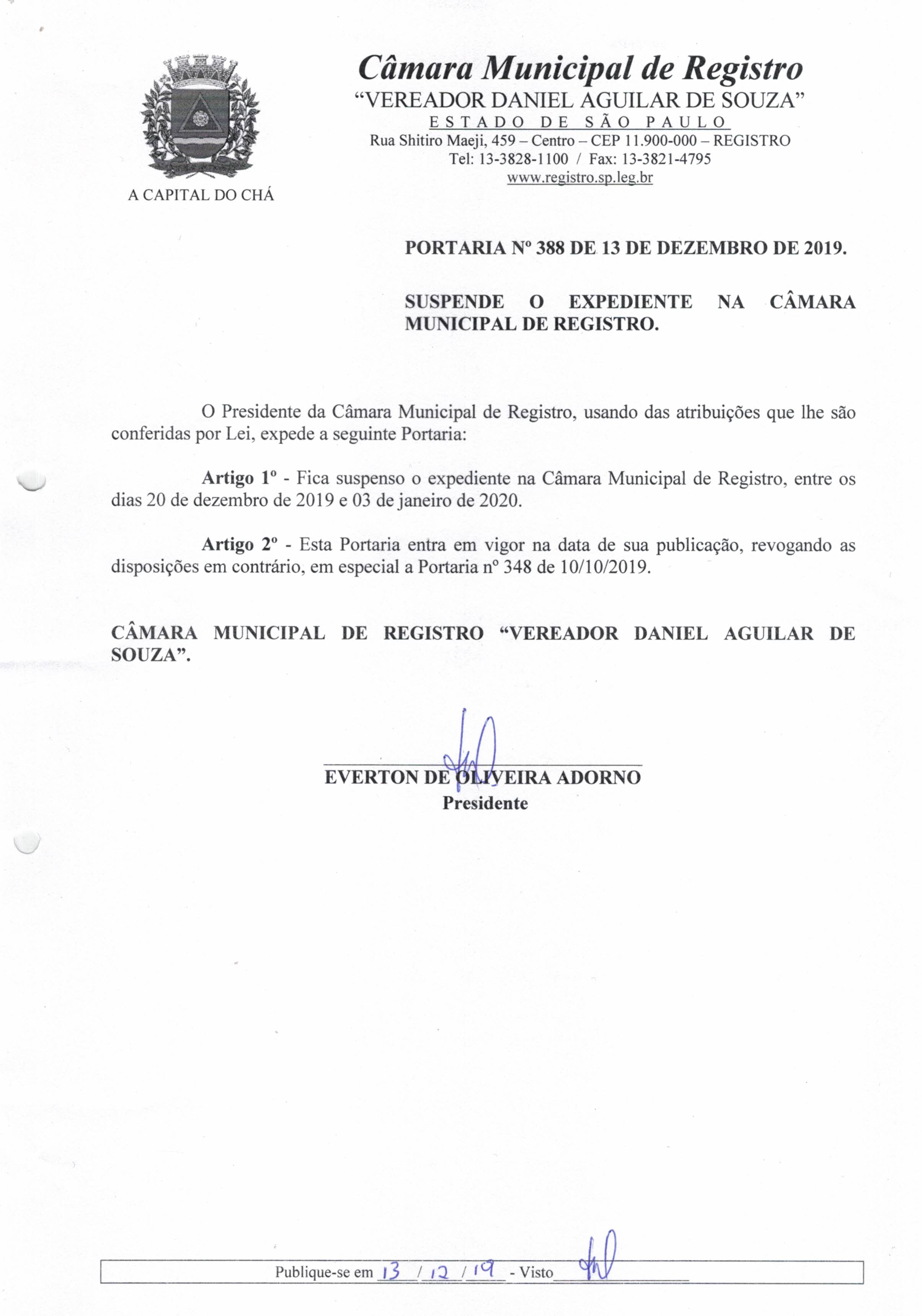 Câmara de Registro terá expediente suspenso neste fim de ano 