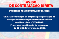 AVISO DE CONTRATAÇÃO DIRETA -  Manutenção corretiva de Veículo