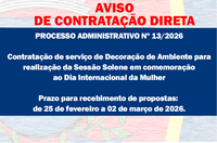 AVISO DE CONTRATAÇÃO DIRETA -  Serviço de Decoração Sessão Solene Dia da Mulher