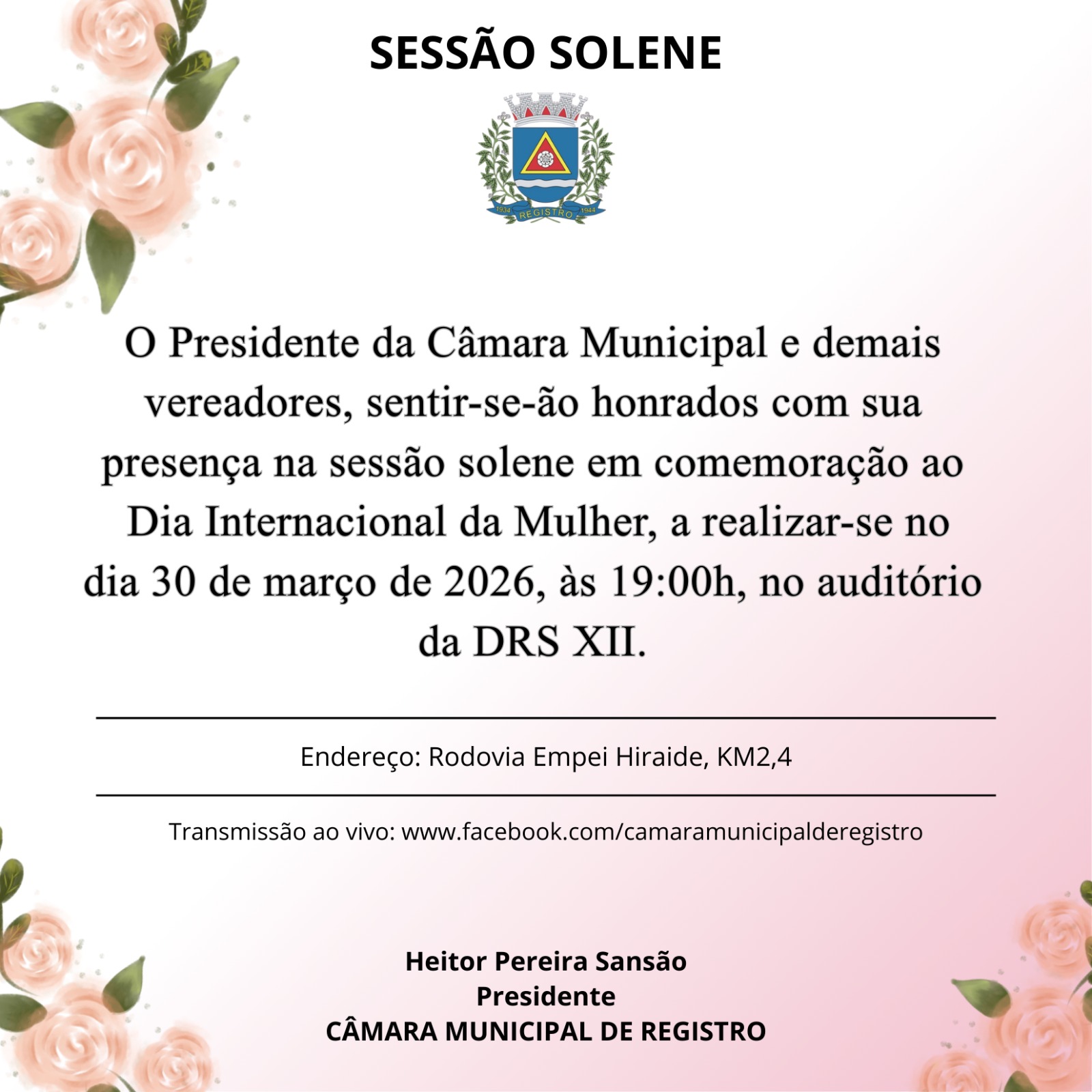 Câmara de Registro fará Sessão Solene em referência à Mulher 