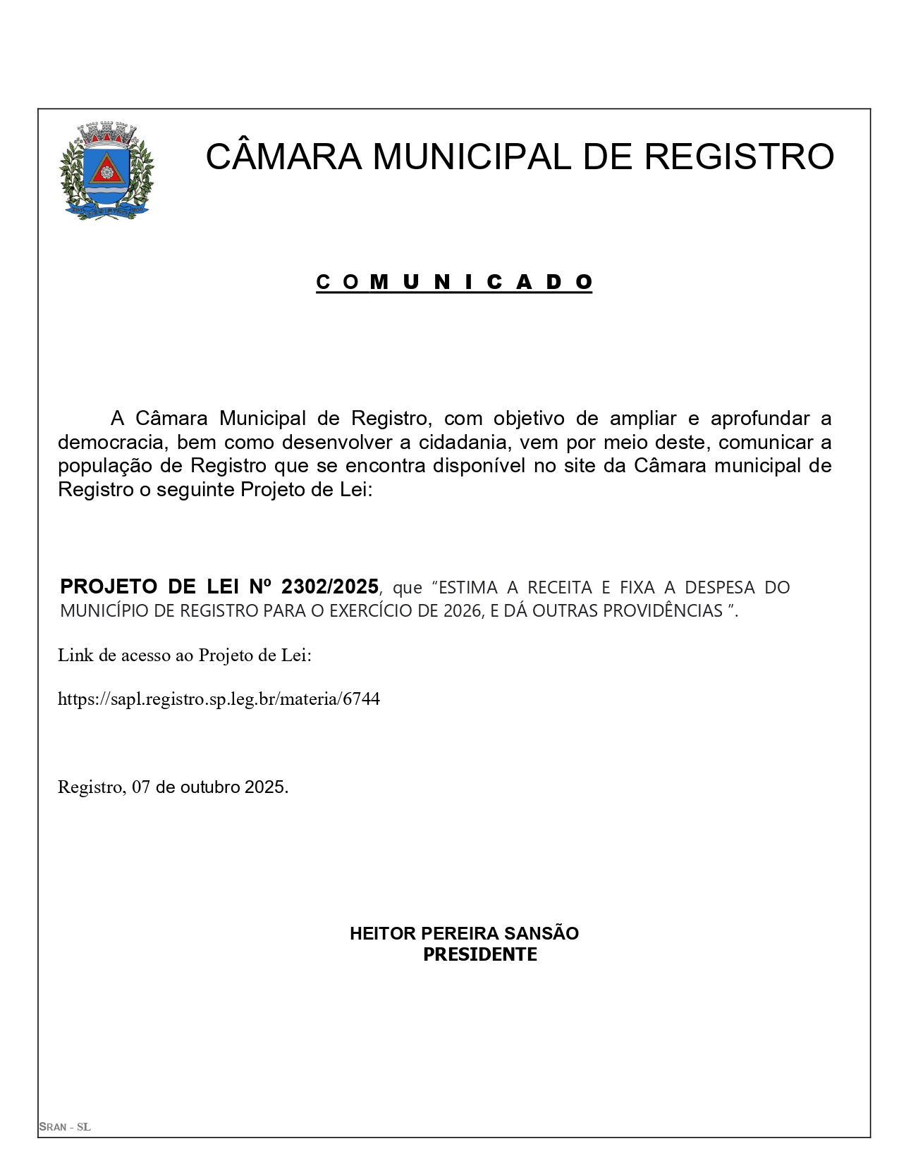  Projeto de Lei nº 2302/2025 - Lei Orçamentária Anual 2026