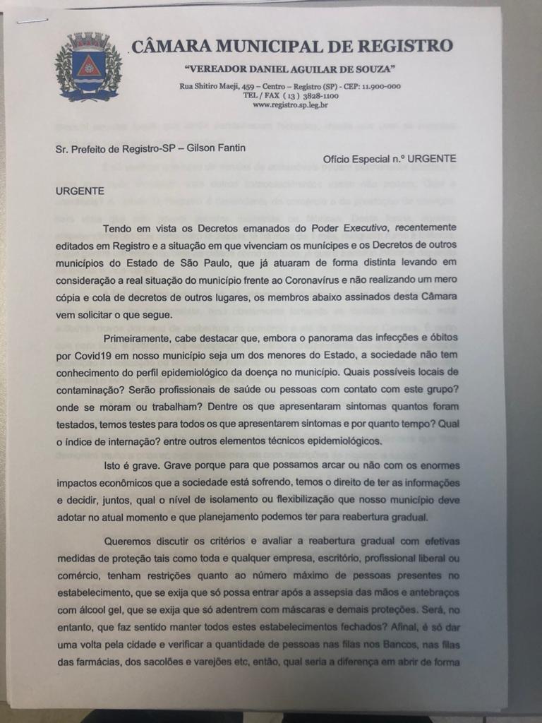 Vereadores pedem a união de várias entidades pra a avaliação da reabertura gradual do comércio em Registro 
